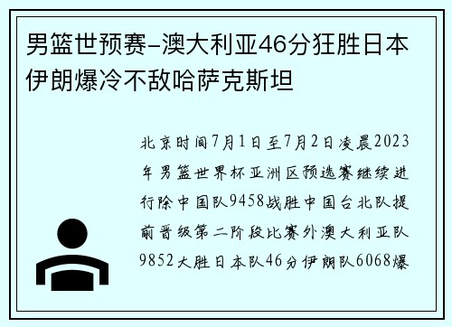男篮世预赛-澳大利亚46分狂胜日本 伊朗爆冷不敌哈萨克斯坦